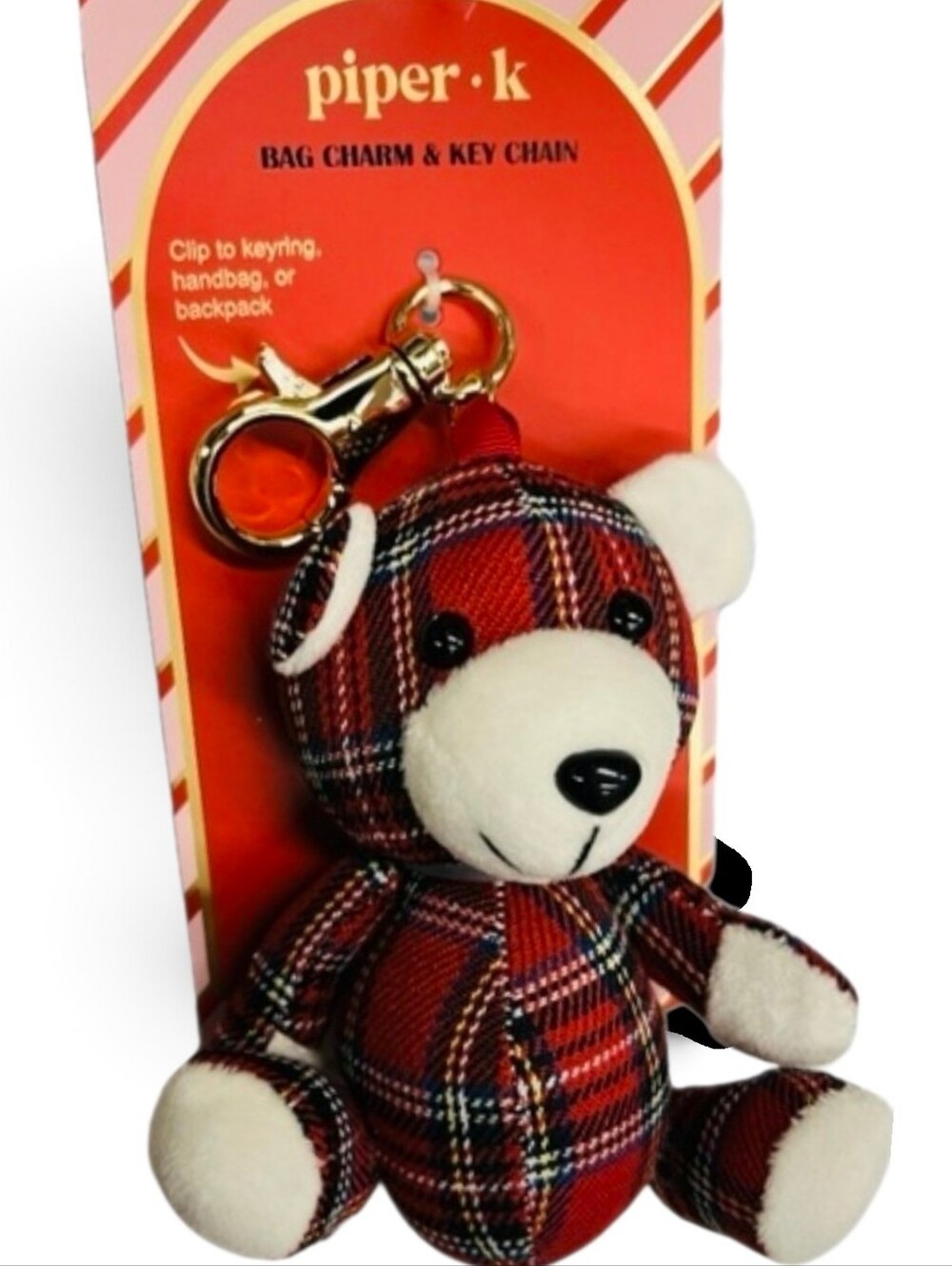 ❤️▪️Piper K ▪️ Red Plaid Teddy Bear Bag Charm with Gold Clip